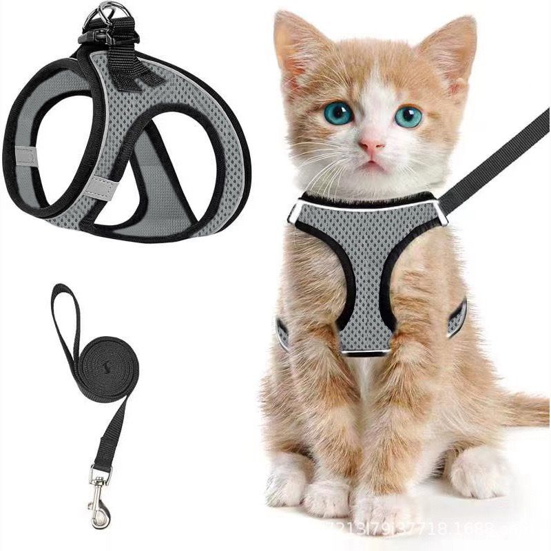Escape-Proof Cat Harness and Leash Set with Reflective Soft Mesh Vest for Safe Outdoor Adventures with Your Feline Friend (M, Grey)