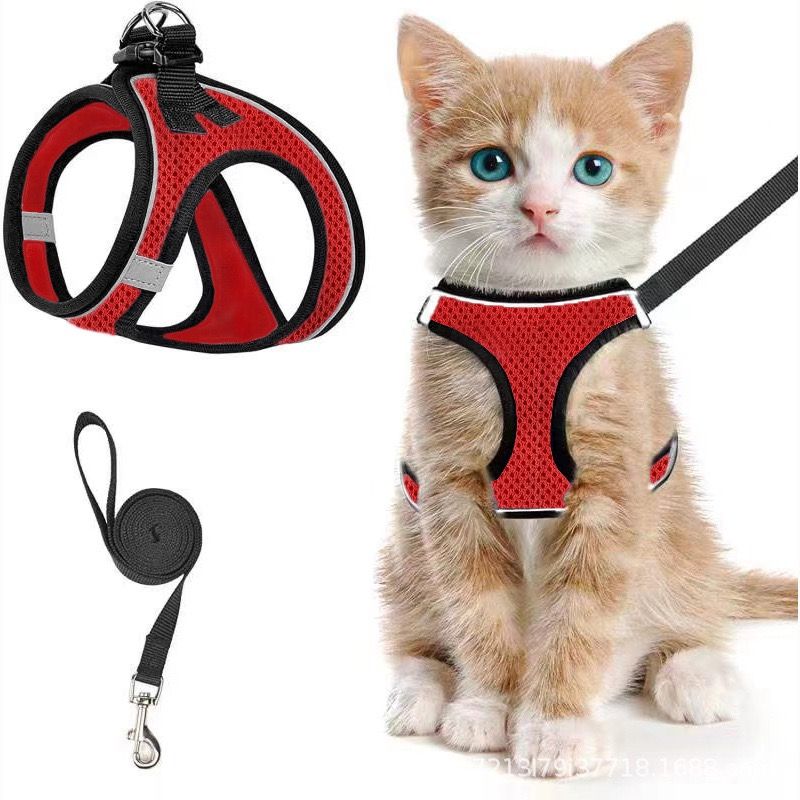 Escape-Proof Cat Harness and Leash Set with Reflective Soft Mesh Vest for Safe Outdoor Adventures with Your Feline Friend (M, Red)