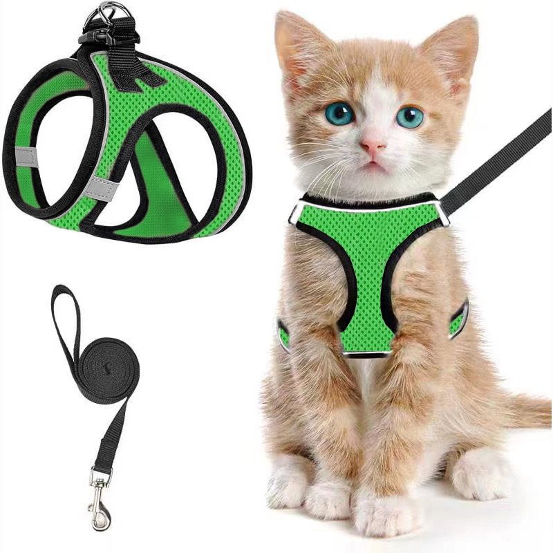 Escape-Proof Cat Harness and Leash Set with Reflective Soft Mesh Vest for Safe Outdoor Adventures with Your Feline Friend (S, Green)