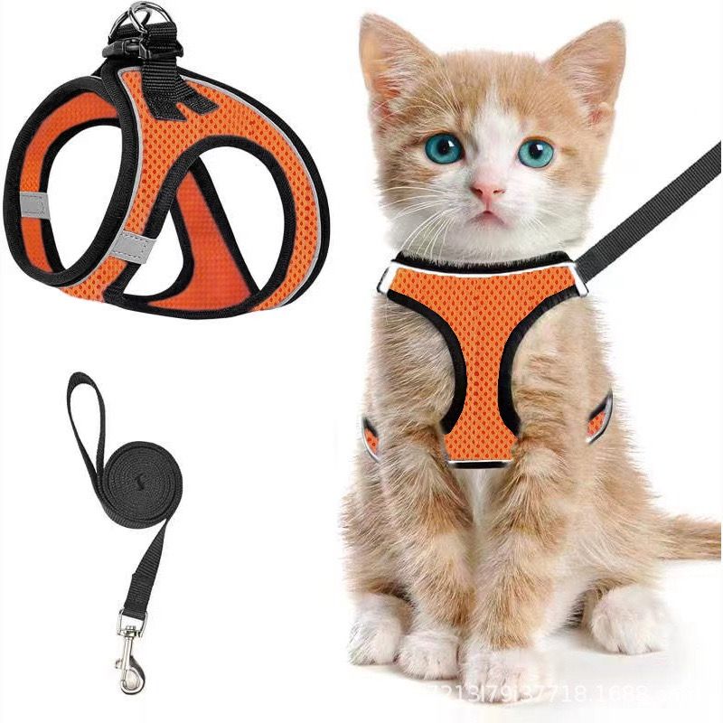 Escape-Proof Cat Harness and Leash Set with Reflective Soft Mesh Vest for Safe Outdoor Adventures with Your Feline Friend (S, Orange)