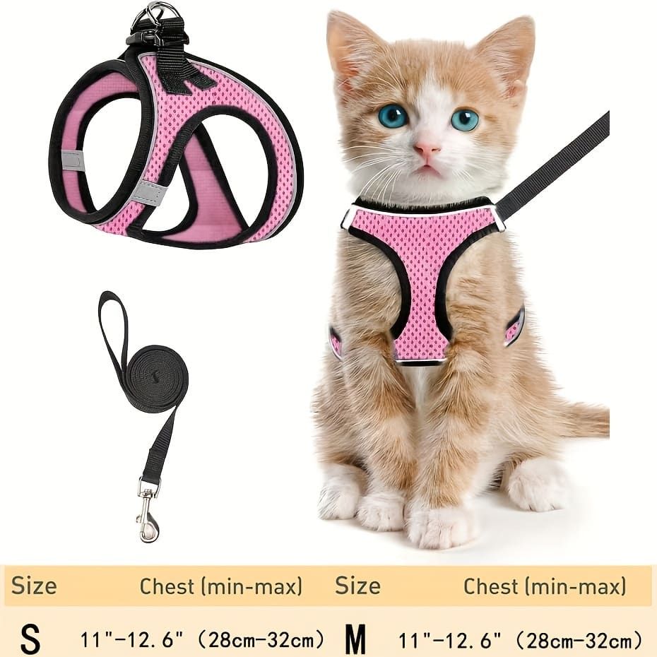 Escape-Proof Cat Harness and Leash Set with Reflective Soft Mesh Vest for Safe Outdoor Adventures with Your Feline Friend (S, Pink)