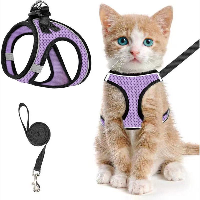 Escape-Proof Cat Harness and Leash Set with Reflective Soft Mesh Vest for Safe Outdoor Adventures with Your Feline Friend (S, Purple)