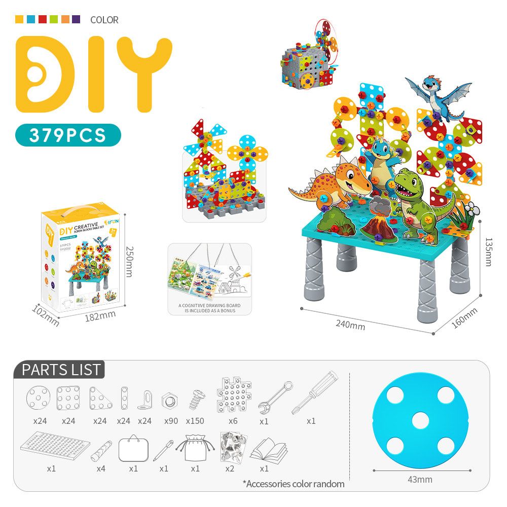 DIY Creative Screw Puzzle Building Block Table Set for Kids Ages 3+ – Educational STEM Toy with Colorful Plastic Pieces, Tools, and Bonus Drawing Board for Home Play and Skill Development (379PCS, Dinosaur)