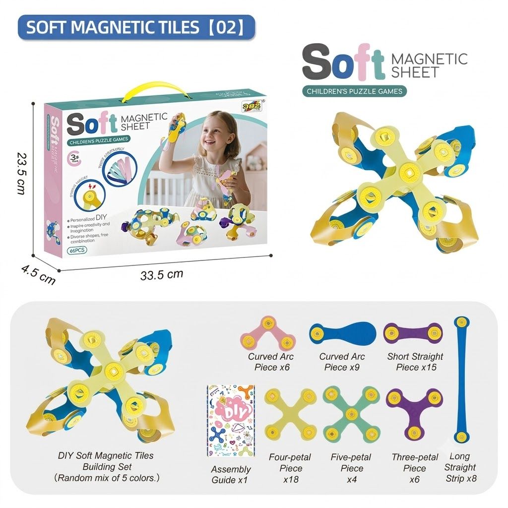 Kids 3D Soft Magnetic Building Tiles Toy Set, Creative DIY Puzzle Blocks for Ages 3+ - Develops Fine Motor Skills & Imagination, Ideal Birthday Gift for Girls, Home Play STEM Learning Kit (66PCS)