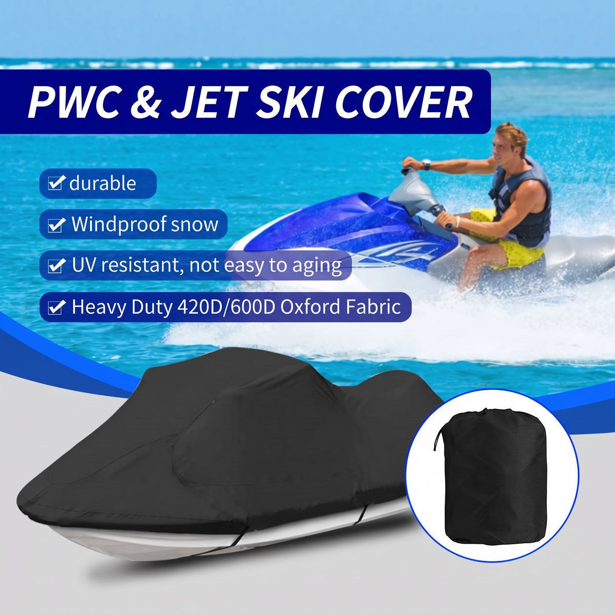 420D/600D Marine Grade Oxford Waterproof Jet Ski Cover with UV Protection, Windproof Buckle Straps and Storage Bag for PWC Mooring and Year-Round Outdoor Storage (Black 600D Oxford, XL)