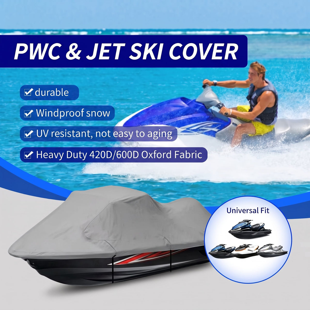 420D/600D Marine Grade Oxford Waterproof Jet Ski Cover with UV Protection, Windproof Buckle Straps and Storage Bag for PWC Mooring and Year-Round Outdoor Storage (Grey 420D Oxford, XL)