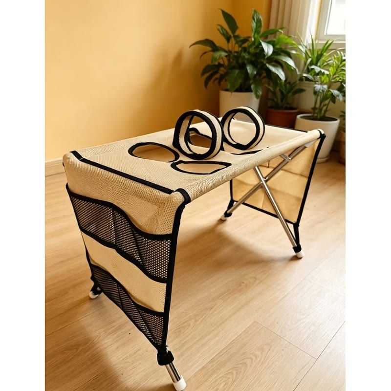 Foldable Pet Grooming Table for Cats and Small Dogs, Multi-functional Care Station with Mesh Bed, Storage Pockets, and Adjustable Restraint Straps for Nail Trimming, Hair Brushing, Bathing, and Ear Cleaning (Beige)
