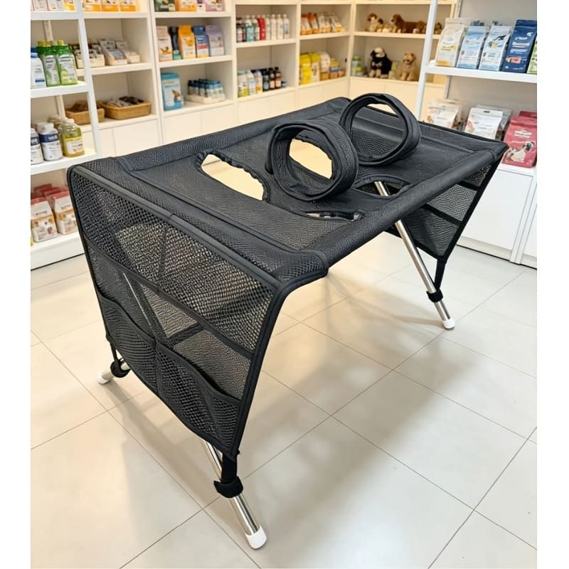 Foldable Pet Grooming Table for Cats and Small Dogs, Multi-functional Care Station with Mesh Bed, Storage Pockets, and Adjustable Restraint Straps for Nail Trimming, Hair Brushing, Bathing, and Ear Cleaning (Black)