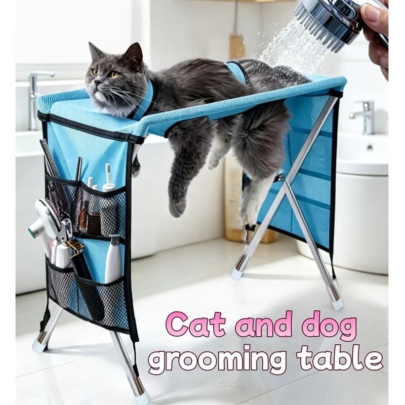 Foldable Pet Grooming Table for Cats and Small Dogs, Multi-functional Care Station with Mesh Bed, Storage Pockets, and Adjustable Restraint Straps for Nail Trimming, Hair Brushing, Bathing, and Ear Cleaning (Blue)