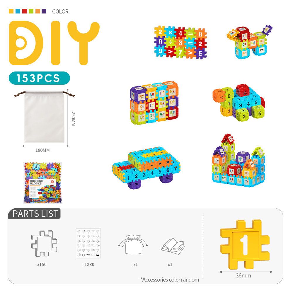 Creative DIY Puzzle Building Blocks Set for Kids Ages 3+ – Colorful Snap-Together Squares for Early Learning, Alphabet & Number Recognition, and Fun 3D Shape Construction at Home (153PCS)