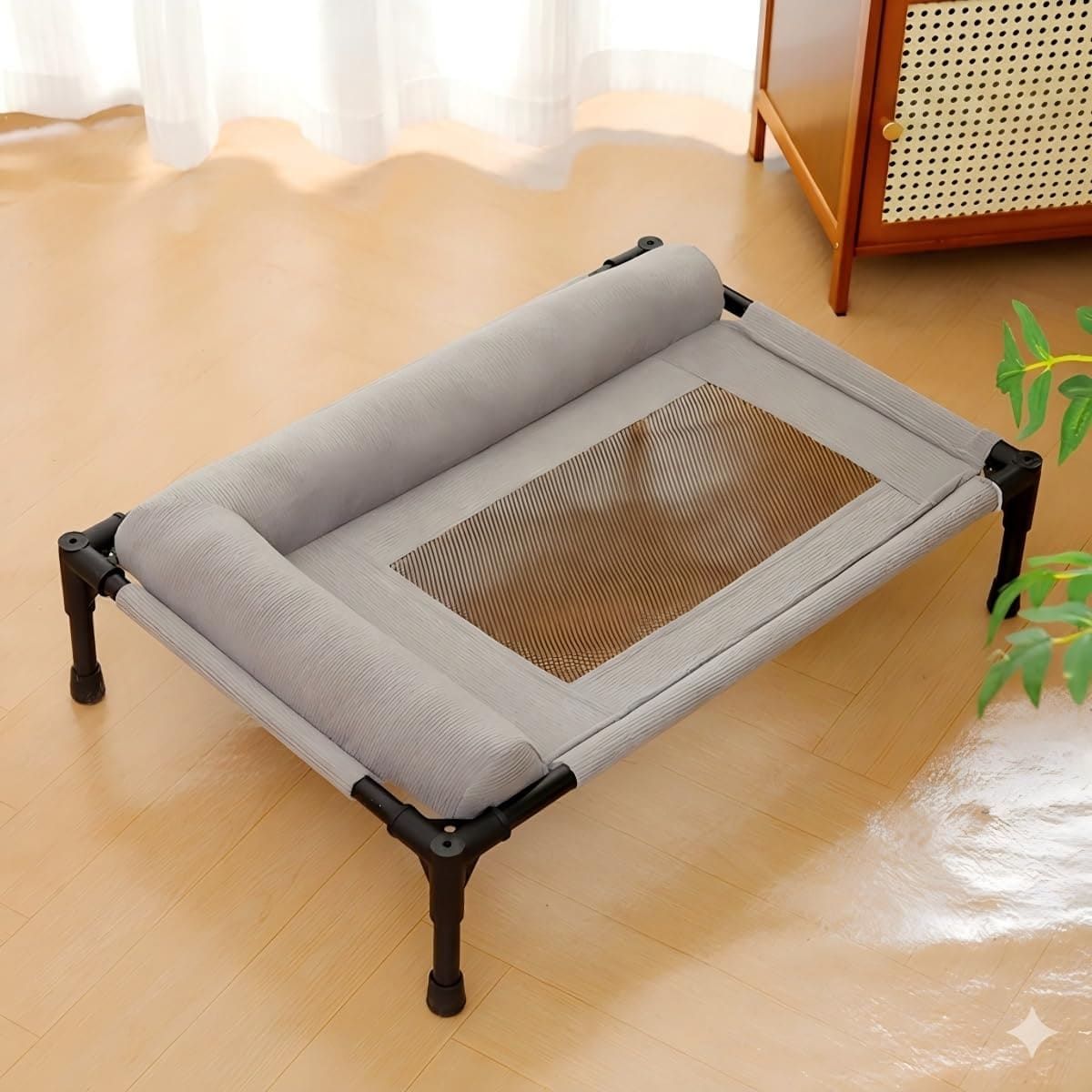 Elevated Pet Cot with Bolster Cushion, Portable Dog Bed for Indoor & Outdoor Use, Removable Washable Cover, Breathable Mesh Design for Warm Weather Comfort (Gray)