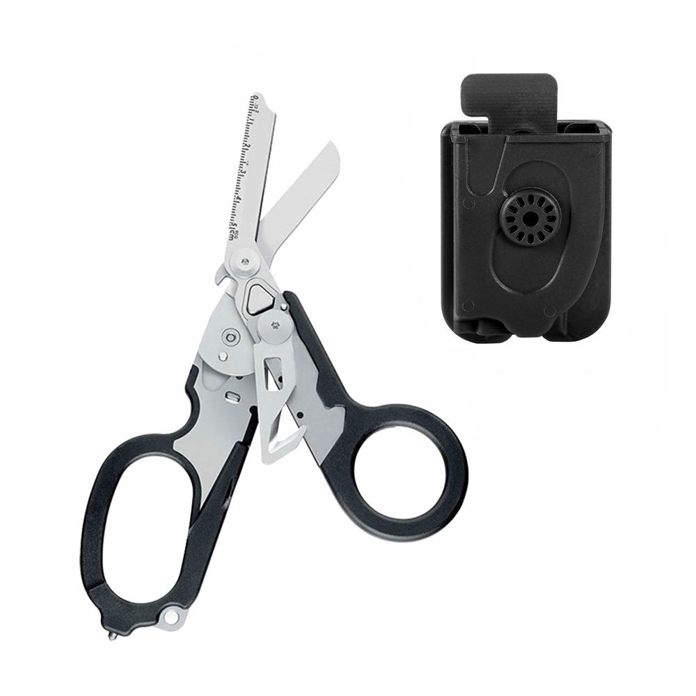Multi-Function Folding Emergency Shear with 420HC Stainless Steel Blades, Non-Slip Rubber Handle, Quick-Release Holster, and Integrated Belt Cutter, Ring Cutter, Oxygen Tank Wrench, Glass Breaker, and Measuring Scale for Rescue, Outdoor, Vehicle, and Firs