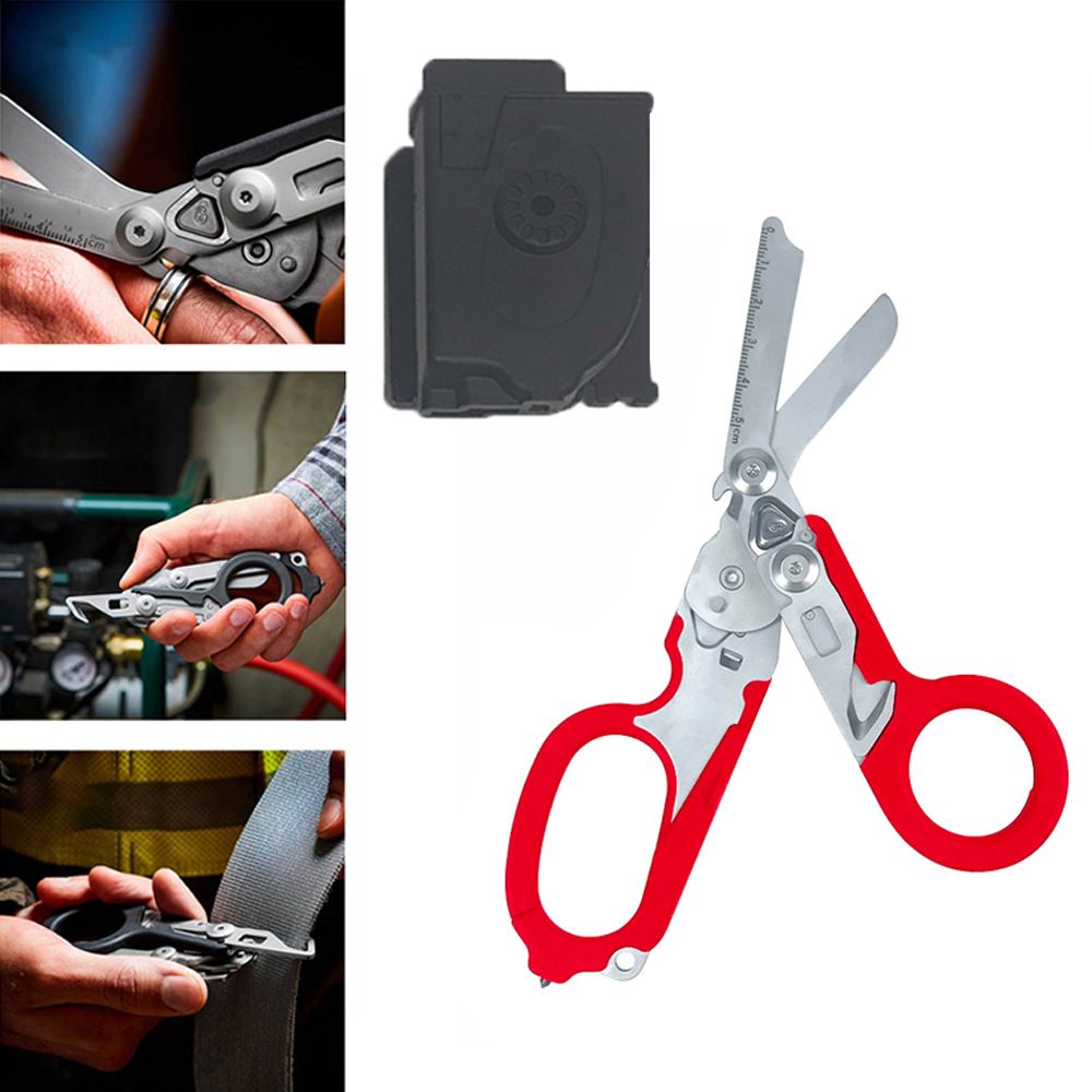 Multi-Function Folding Emergency Shear with 420HC Stainless Steel Blades, Non-Slip Rubber Handle, Quick-Release Holster, and Integrated Belt Cutter, Ring Cutter, Oxygen Tank Wrench, Glass Breaker, and Measuring Scale for Rescue, Outdoor, Vehicle, and Firs