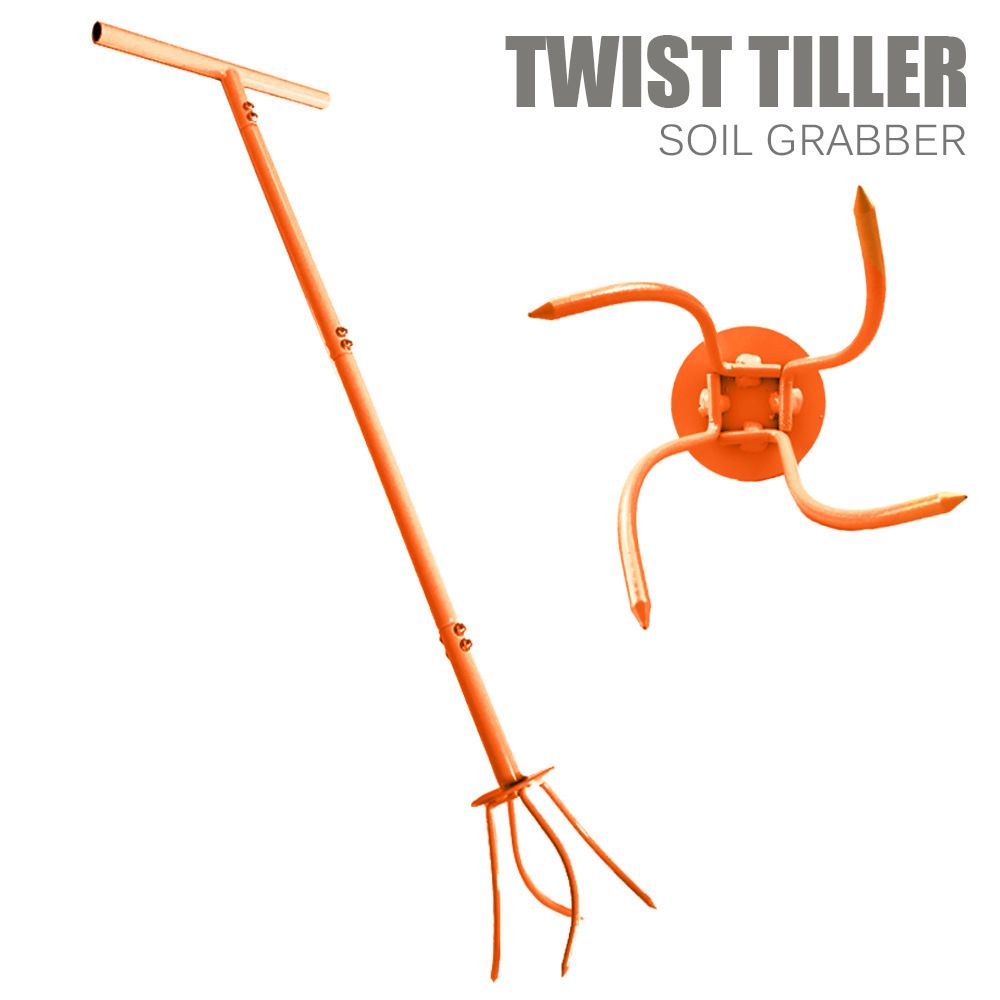 Manual Twist Tilling Soil Claw Garden Cultivator with T-Handle and Adjustable Long Pole for Yard Vegetable Plot Soil Loosening and Planting Preparation (Orange)