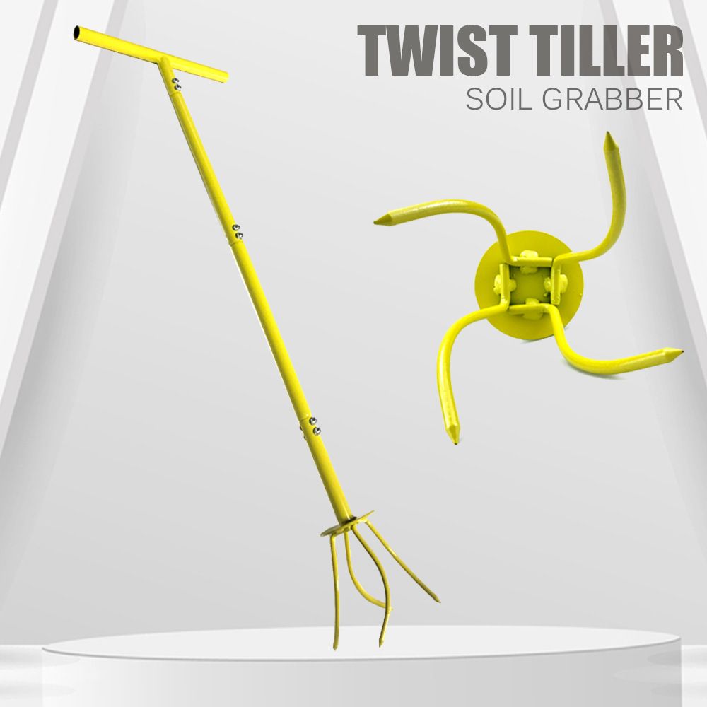 Manual Twist Tilling Soil Claw Garden Cultivator with T-Handle and Adjustable Long Pole for Yard Vegetable Plot Soil Loosening and Planting Preparation (Yellow)