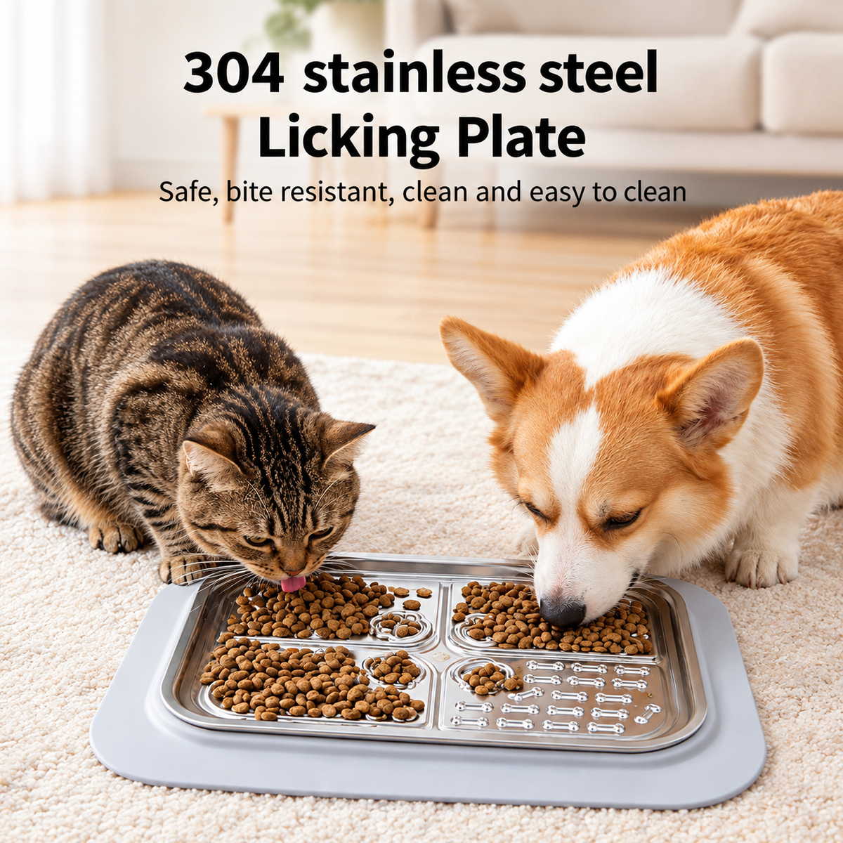 Slow Feeder Licking Mat for Pets with Stainless Steel Tray, Anti-Slip Silicone Base, and Spatula – Multi-Zone Textured Surface for Dry Food, Wet Food, and Treats, Slows Down Eating to Support Healthy Digestion for Cats and Dogs (Silver)