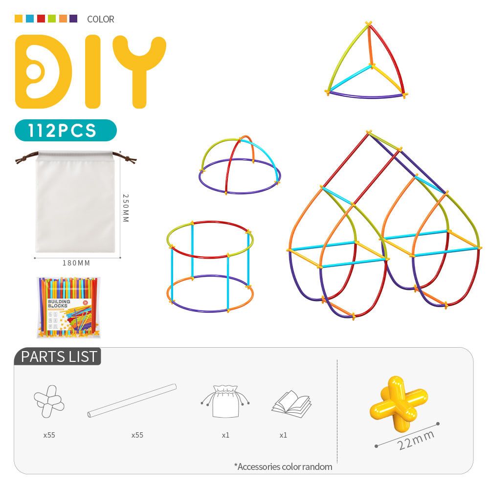 DIY Flexible Straw Building Blocks for Kids Ages 3-6, Creative Educational Construction Toy Set with Bendable Straws and Connectors, 112/242/723 Pieces for 3D Geometry and Imaginative Play (112PCS)