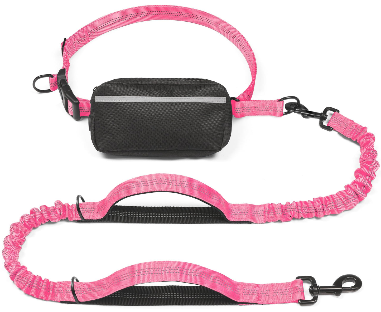 Hands-Free Dog Leash with Waist Belt and Storage Pouch, Shock-Absorbing Bungee Leash for Running, Walking, and Outdoor Adventures, Reflective Safety Design for Night Walks (Pink)
