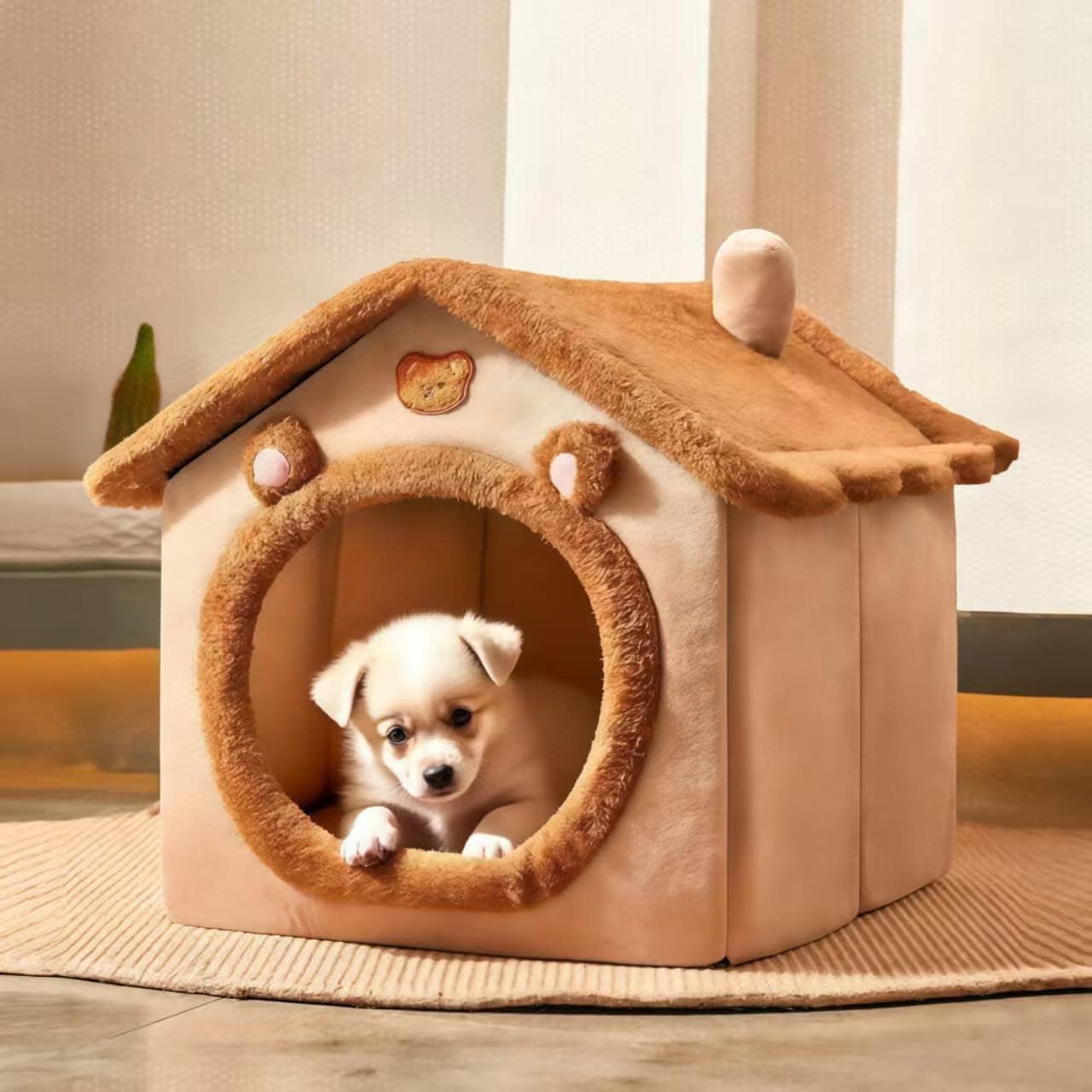 Cozy Pet Cave Bed for Cats and Small Dogs – Soft, Warm, and Washable Faux Fur Nest with Removable Cushion, Perfect Winter Sleeping Hut for Your Furry Friend’s Comfort and Safety (L)