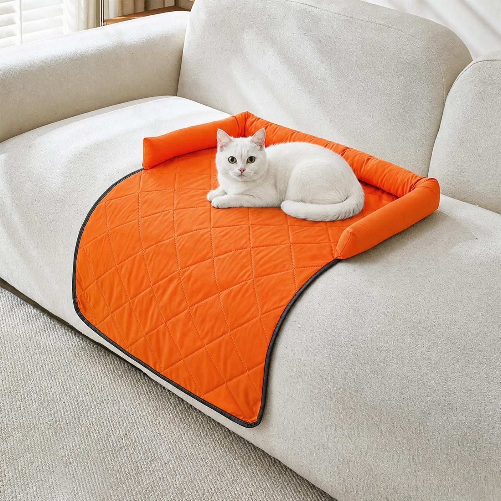 Cooling Pet Mat with Bolster Side Support – Scratch-Resistant, Self-Cooling, Non-Slip Base for Cats & Small to Medium Dogs, Perfect for Sofa, Floor, Car, or Outdoor Use (M, Orange)