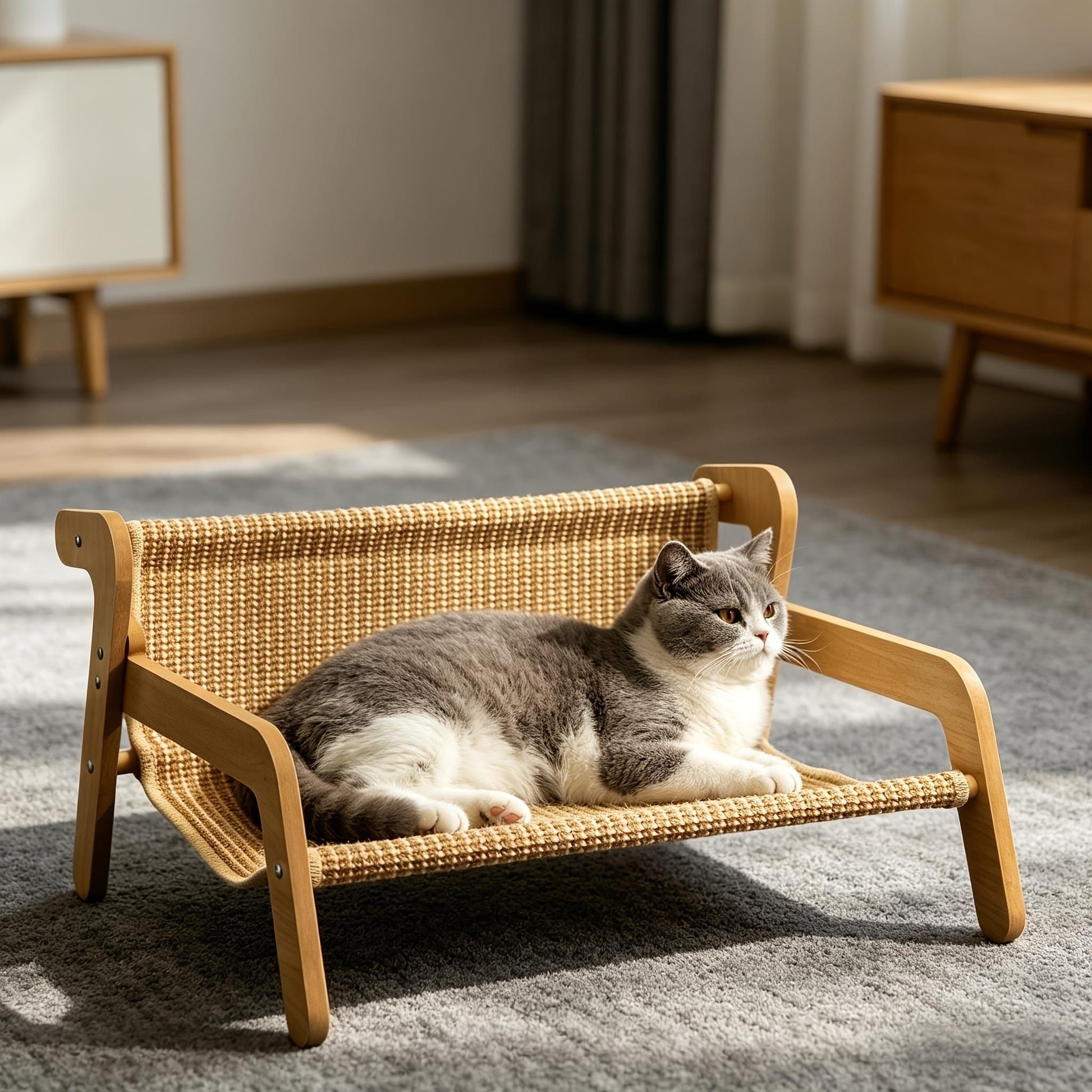 Curved Wooden Cat Lounge Chair with Sisal Scratching Surface – Hammock-Style Pet Bed for Indoor Rest, Play, and Nail Trimming, Fits Living Room or Balcony (Yellow)