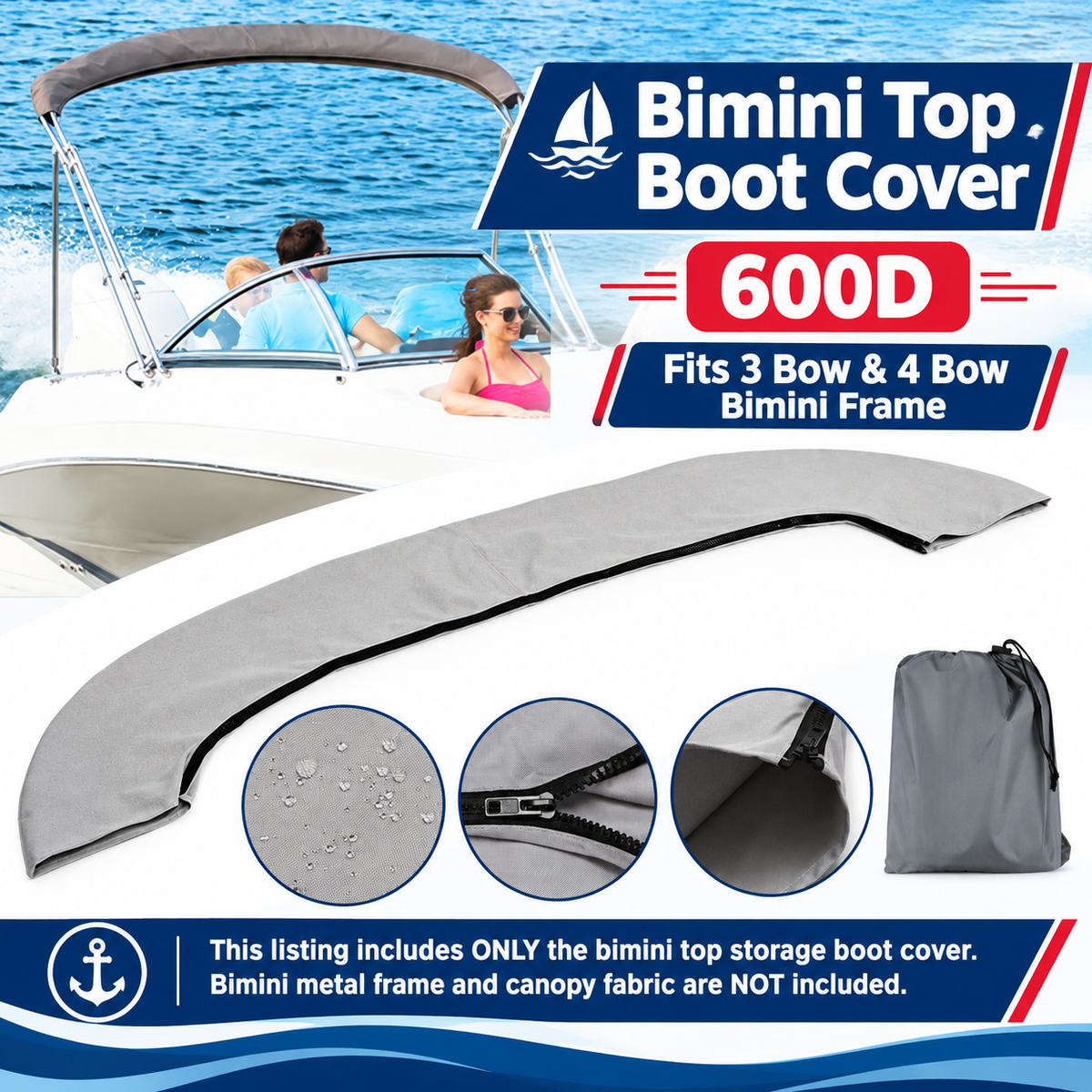 600D Oxford Bimini Top Storage Boot Cover Waterproof UPF50+ UV Resistant Marine Canopy Protector for Folding Boat Bimini Tops, Fits 3-Bow and 4-Bow Frames, Ideal for Yachts and Boats (Red, 3 Bow（L）)