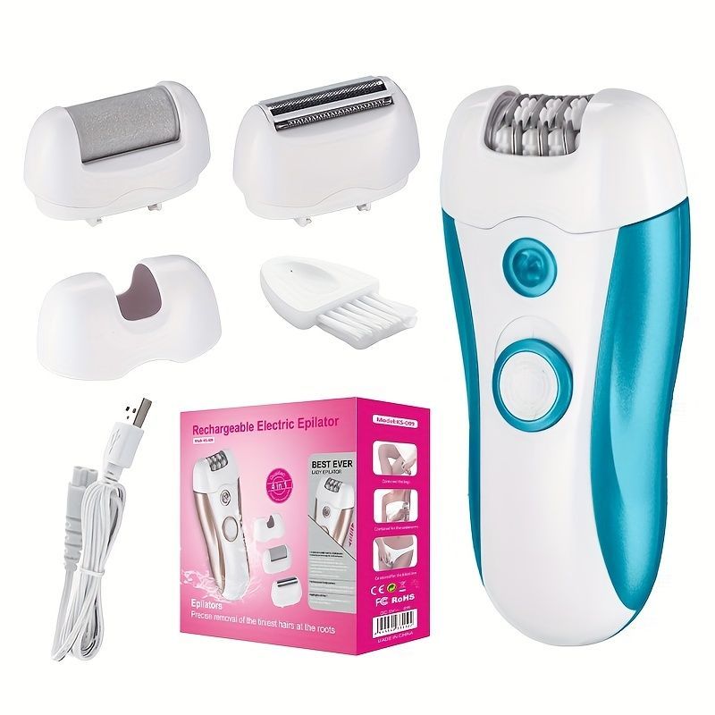 4-in-1 women's hair removal, electric epilator, shaver, foot file, trimmer, USB rechargeable, IPX6 waterproof, body grooming, Australian women - Sky Blue - Size L