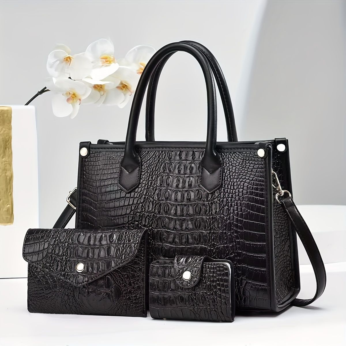 Luxury Handbag Set Crocodile Pattern Handbag Three Piece Handbag Set Large - Red - Size 28-10-21