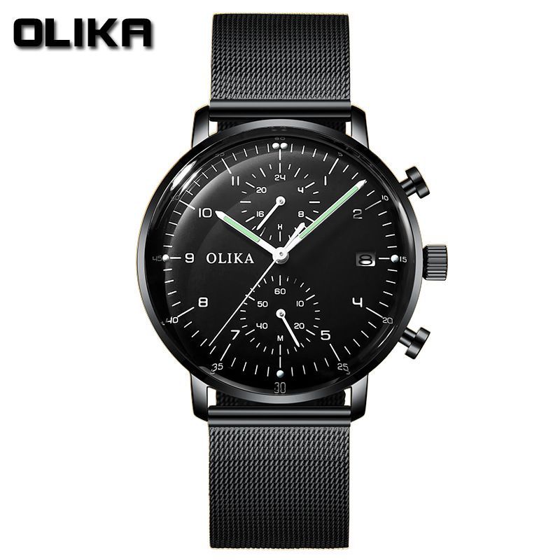 men's watch, ultra-thin watch, leather strap watch, luminous watch, waterproof watch, date calendar watch, curved glass watch, casual sports watch, OLIKA watch, men's fashion watch - Black - Size Man