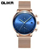 men's watch, ultra-thin watch, leather strap watch, luminous watch, waterproof watch, date calendar watch, curved glass watch, casual sports watch, OLIKA watch, men's fashion watch - Rose gold with a blue face - Size Man