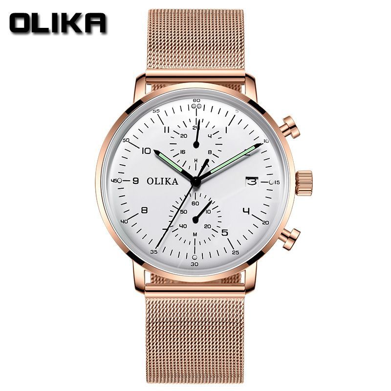 men's watch, ultra-thin watch, leather strap watch, luminous watch, waterproof watch, date calendar watch, curved glass watch, casual sports watch, OLIKA watch, men's fashion watch - Rose gold with a white face - Size Man