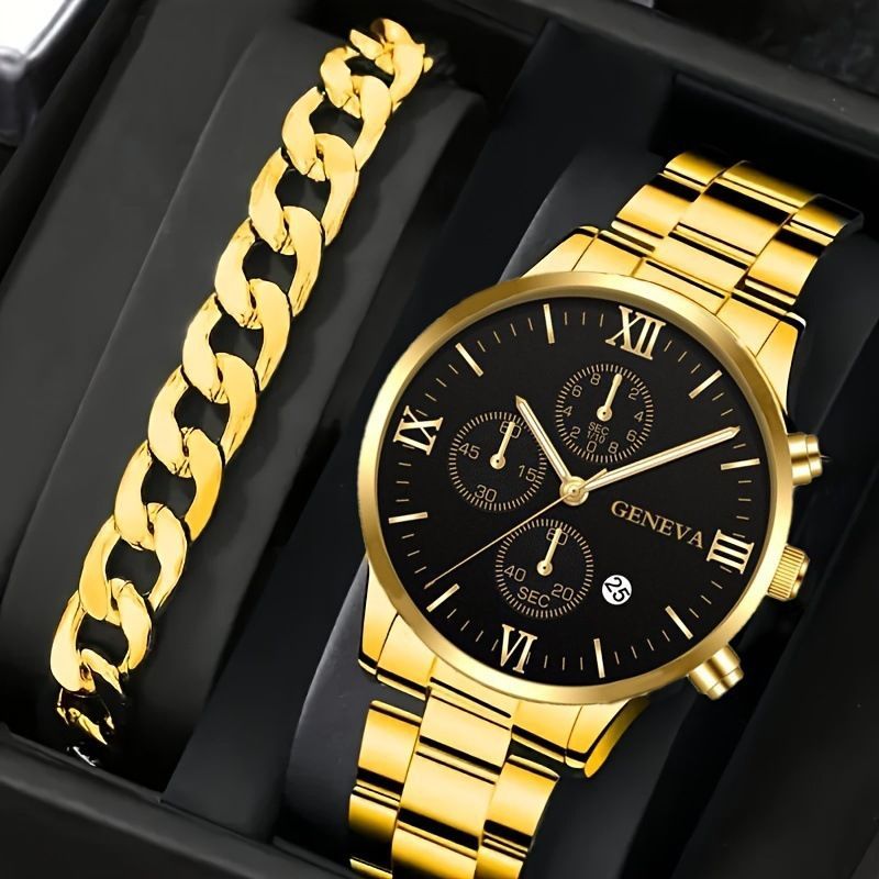 men's watch, Geneva calendar watch, stainless steel watch, business watch for men, Australian men's fashion, dress watch, formal watch, calendar wristwatch, Australian men's accessories - Black - Size 11