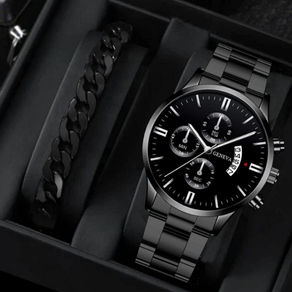men's watch, Geneva calendar watch, stainless steel watch, business watch for men, Australian men's fashion, dress watch, formal watch, calendar wristwatch, Australian men's accessories - Black - Size 12