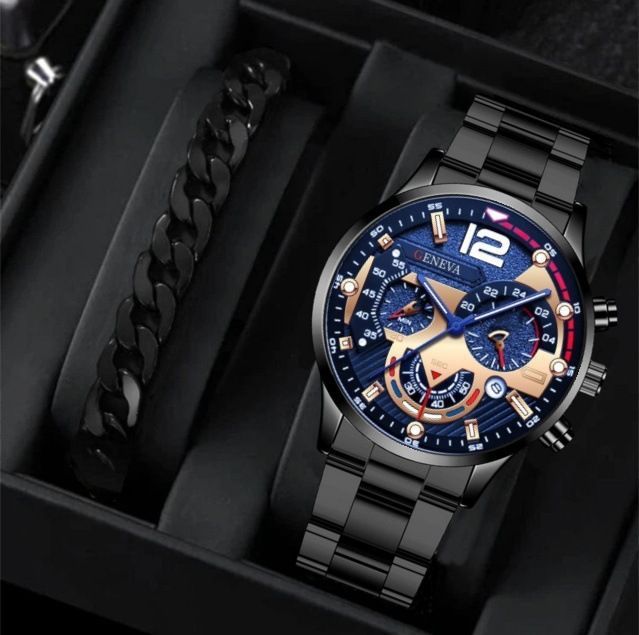 men's watch, Geneva calendar watch, stainless steel watch, business watch for men, Australian men's fashion, dress watch, formal watch, calendar wristwatch, Australian men's accessories - Black - Size 6