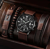 men's bracelet watch set, single calendar watch, fake three eye watch, canvas quartz watch, PU bracelet, men's fashion accessory, gift for men, Australian men's watch - Black - Size 1