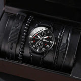 men's bracelet watch set, single calendar watch, fake three eye watch, canvas quartz watch, PU bracelet, men's fashion accessory, gift for men, Australian men's watch - Black - Size 5