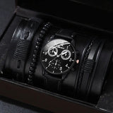 men's bracelet watch set, single calendar watch, fake three eye watch, canvas quartz watch, PU bracelet, men's fashion accessory, gift for men, Australian men's watch - Black - Size 6