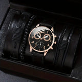 men's bracelet watch set, single calendar watch, fake three eye watch, canvas quartz watch, PU bracelet, men's fashion accessory, gift for men, Australian men's watch - Black - Size 7