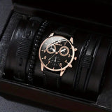 men's bracelet watch set, single calendar watch, fake three eye watch, canvas quartz watch, PU bracelet, men's fashion accessory, gift for men, Australian men's watch - Black - Size 9