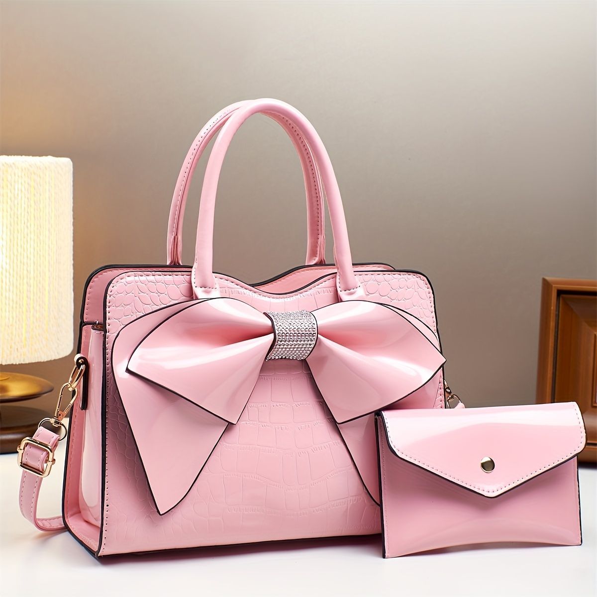 White Ladies Handbag Bow Embellished Handbag Handbag With Small Purse Crocodile - White - Size 29-12-21