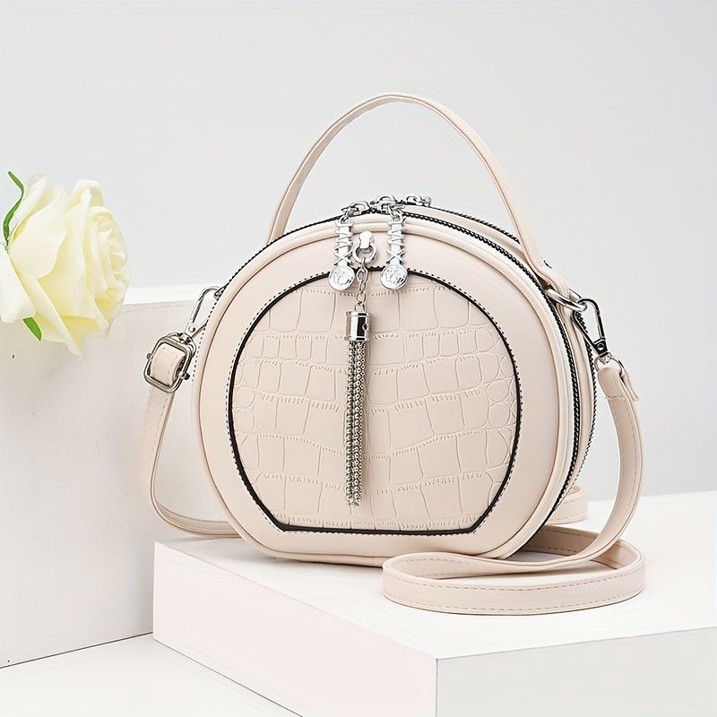 Ladies Handbag Round Handbag Croc-Embossed Handbag Tassel Handbag High-Quality - Beige - Size L