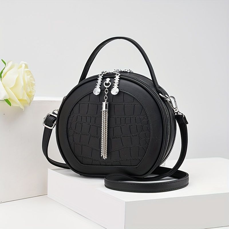 Ladies Handbag Round Handbag Croc-Embossed Handbag Tassel Handbag High-Quality - Black - Size L