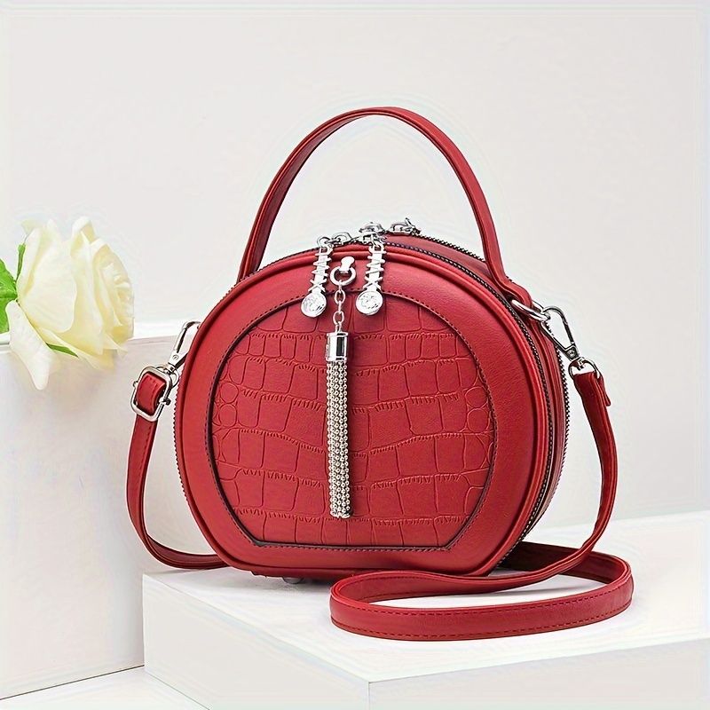 Ladies Handbag Round Handbag Croc-Embossed Handbag Tassel Handbag High-Quality - Burgundy - Size L