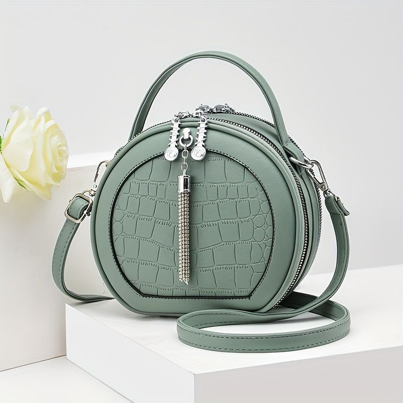 Ladies Handbag Round Handbag Croc-Embossed Handbag Tassel Handbag High-Quality - Green - Size L