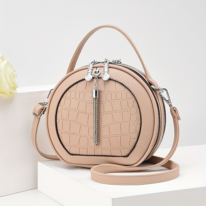 Ladies Handbag Round Handbag Croc-Embossed Handbag Tassel Handbag High-Quality - Khaki - Size L