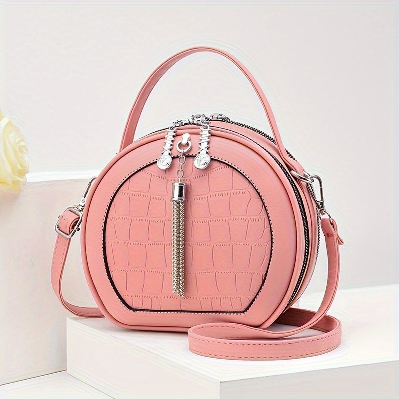 Ladies Handbag Round Handbag Croc-Embossed Handbag Tassel Handbag High-Quality - Pink - Size L