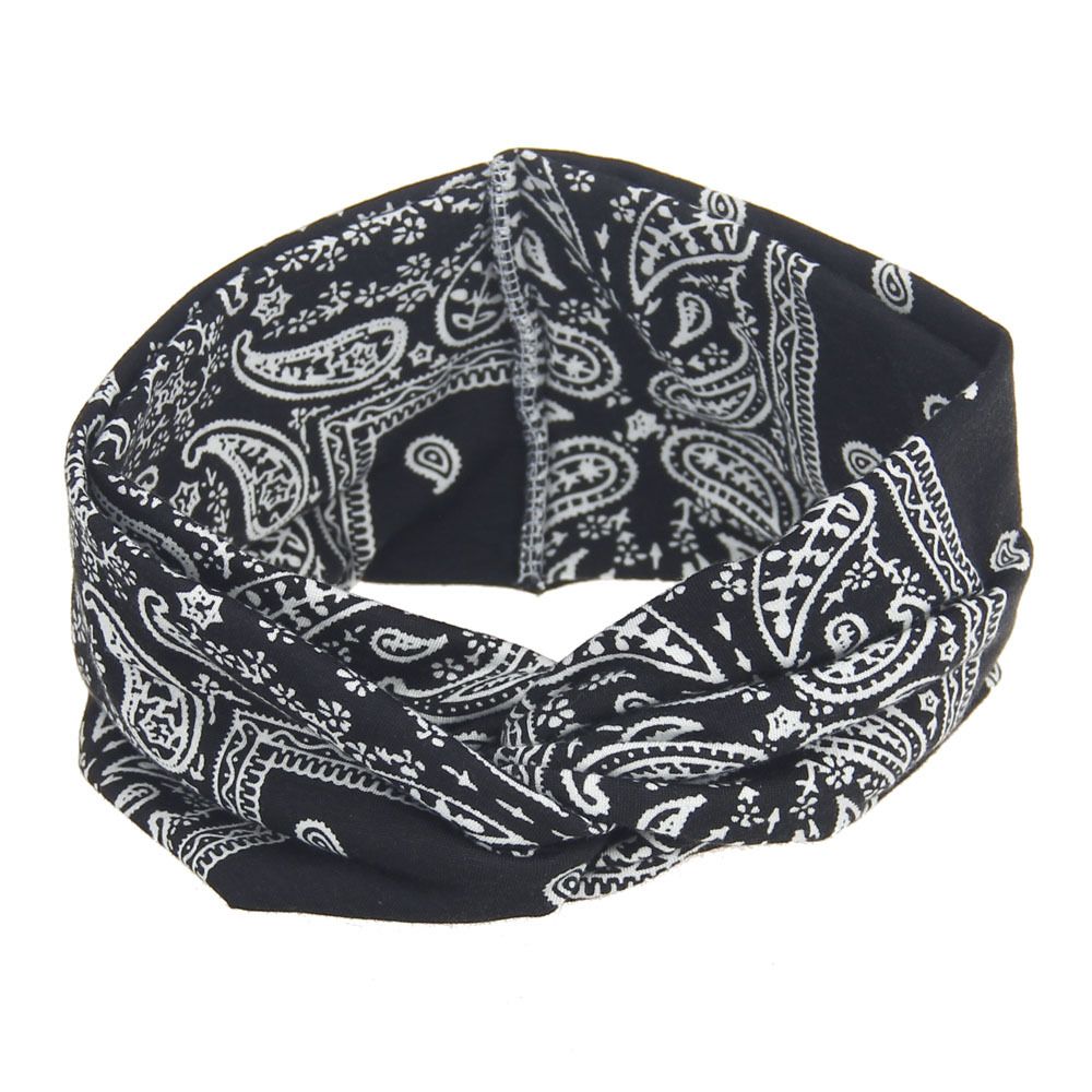 Assorted Paisley Print Wide Bandana Knot Headbands Criss Cross Head Wrap Hair Band (Black) Soft Bandana Print Knot Front Headband