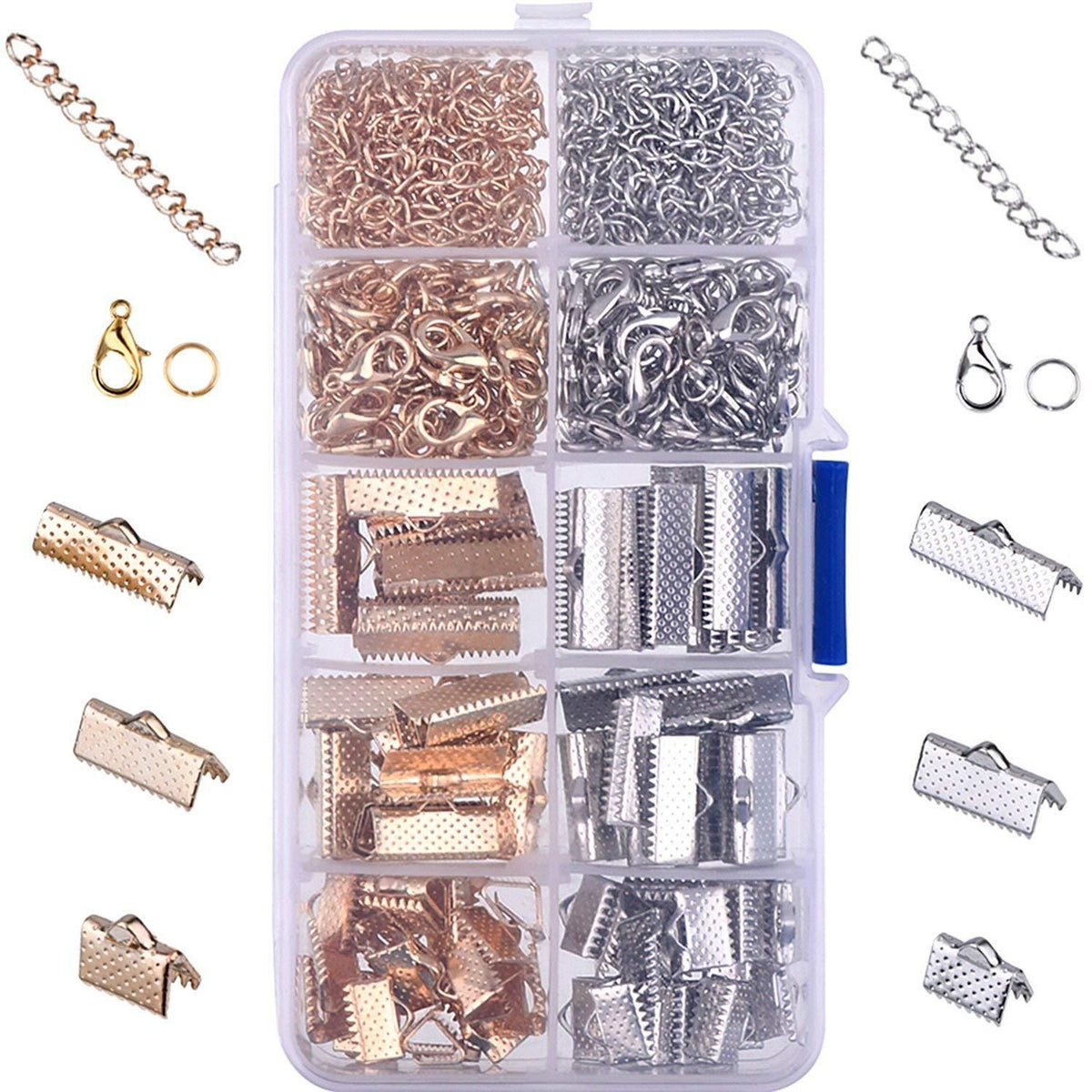 Golden & Silver Ribbon Ends Kit with Lobster Clasps Jump Rings Earring Hooks Chain Extender for DIY Jewelry