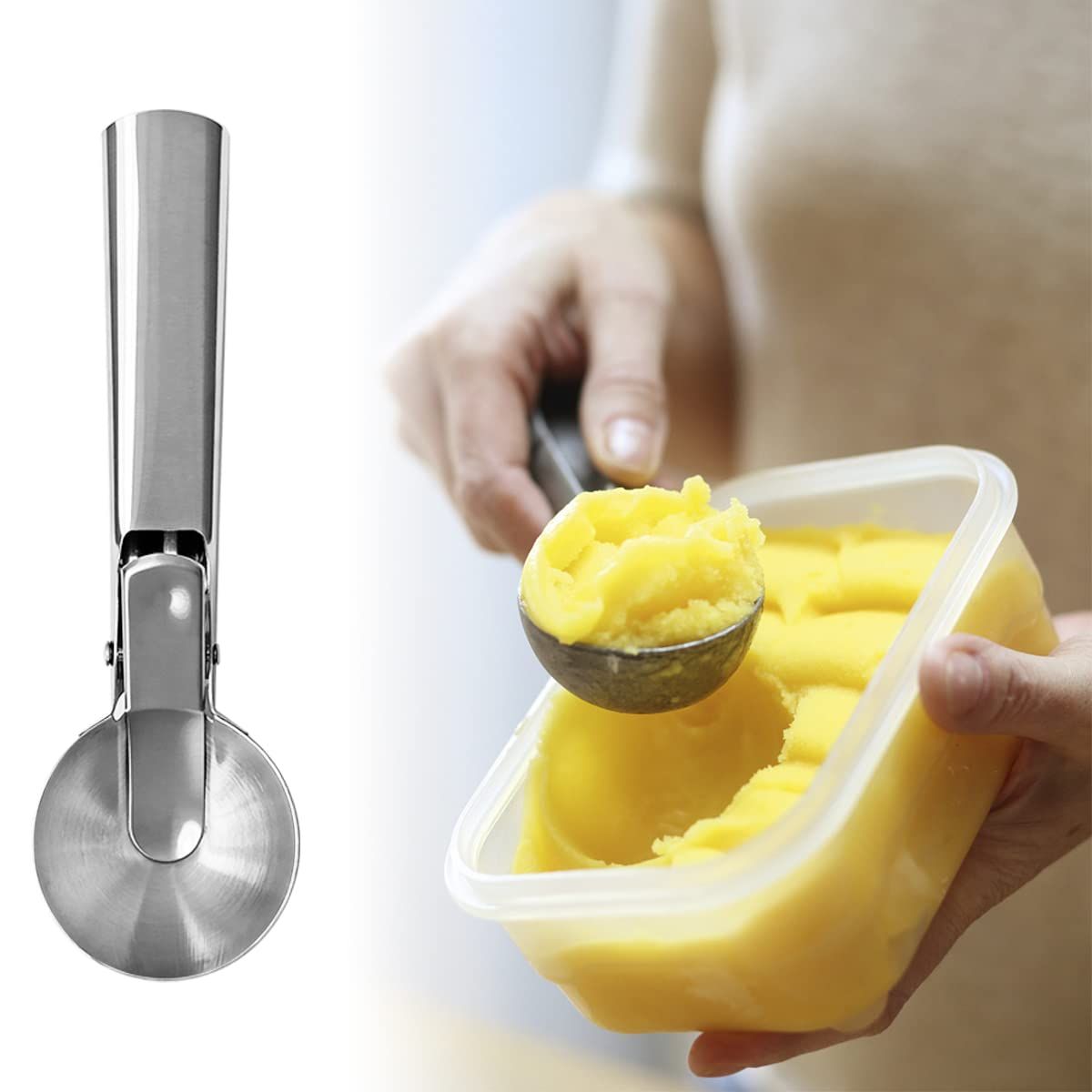 2 Pcs Stainless Steel Ice Cream Scoop, Heavy Duty Ice Cream Scooper with Trigger Metal Icecream Scoop Spoon for Fruit Scoop