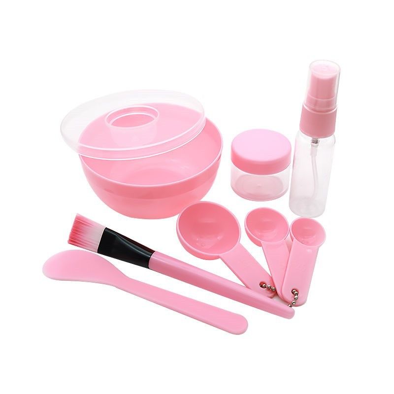 9 Pcs DIY Facial mask Mixing Tool Kit with Bowl Stick Silicone Brush Spray Bottle Puff Soaking Bottle Gauges (Pink)